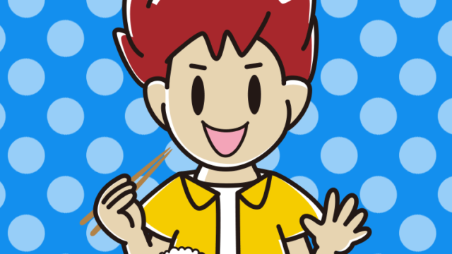 朝食（和食）を食べる男子大学生のイラスト【色、背景あり】PNG