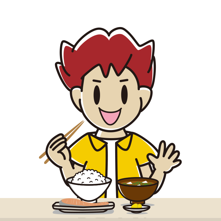 朝食（和食）を食べる男子大学生のイラスト【色あり、背景なし】透過PNG