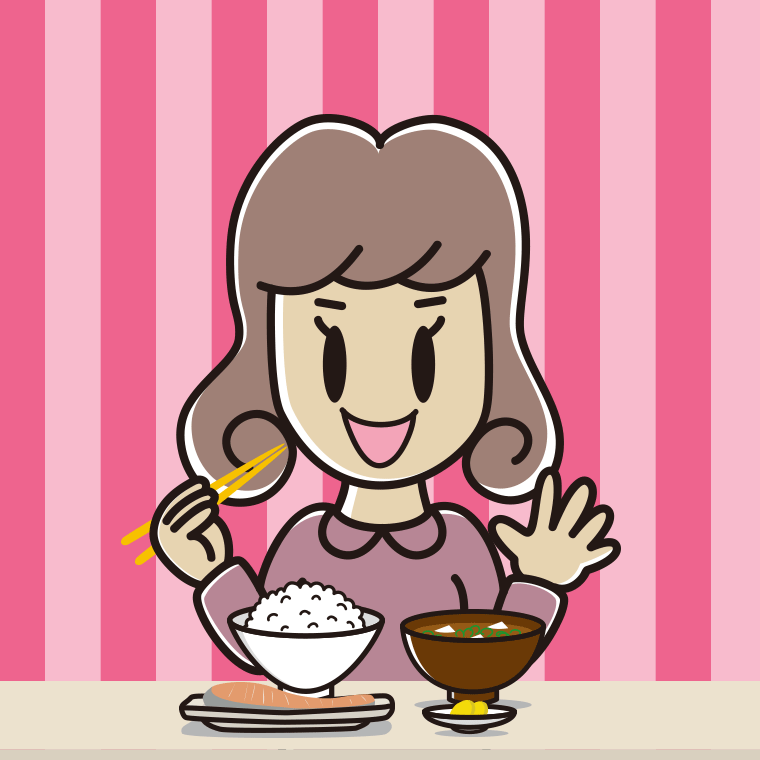 朝食（和食）を食べる女子大学生のイラスト【色、背景あり】PNG