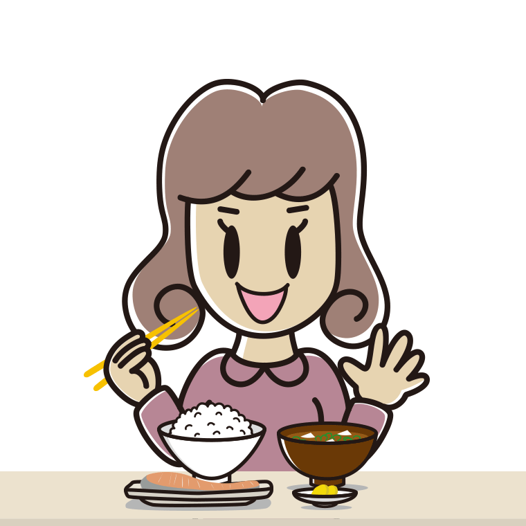 朝食（和食）を食べる女子大学生のイラスト【色あり、背景なし】透過PNG