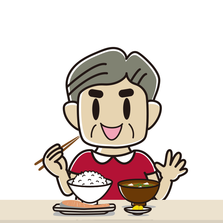 朝食（和食）を食べるおじさんのイラスト【色あり、背景なし】透過PNG