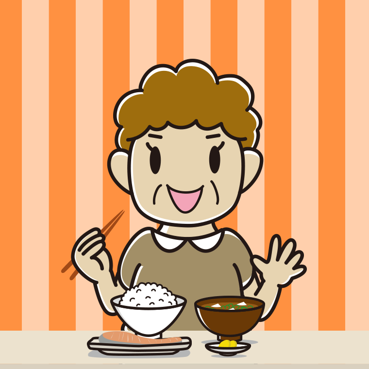 朝食（和食）を食べるおばさんのイラスト【色、背景あり】PNG
