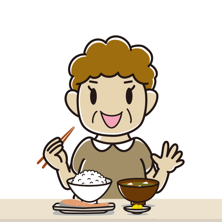 朝食（和食）を食べるおばさんのイラスト【色あり、背景なし】透過PNG