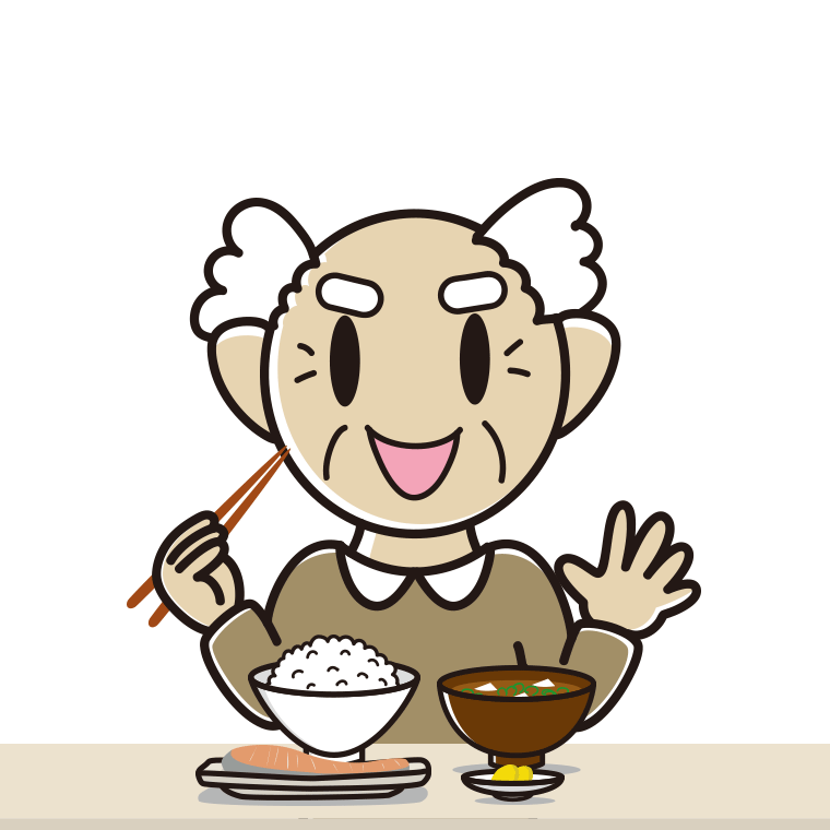 朝食（和食）を食べるおじいさんのイラスト【色あり、背景なし】透過PNG