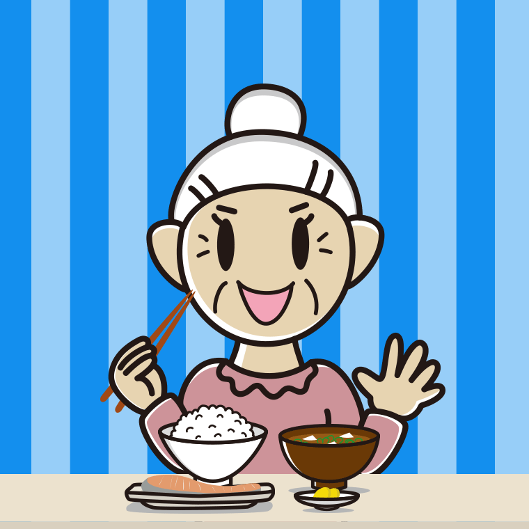 朝食（和食）を食べるおばあさんのイラスト【色、背景あり】PNG