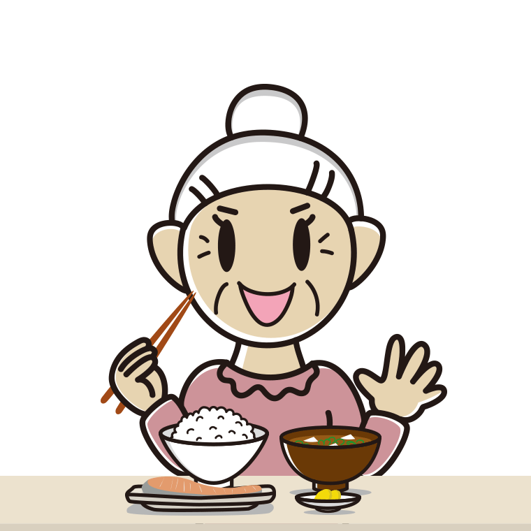 朝食（和食）を食べるおばあさんのイラスト【色あり、背景なし】透過PNG