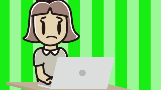 パソコン使用中に困る小学生女子のイラスト【色、背景あり】PNG