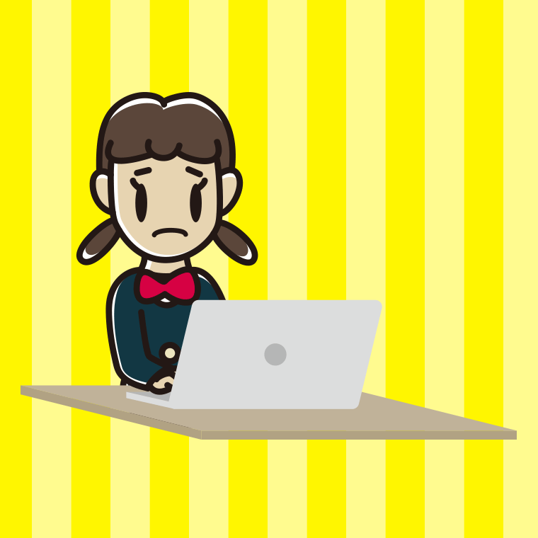 パソコン使用中に困る女子中学生のイラスト【色、背景あり】PNG