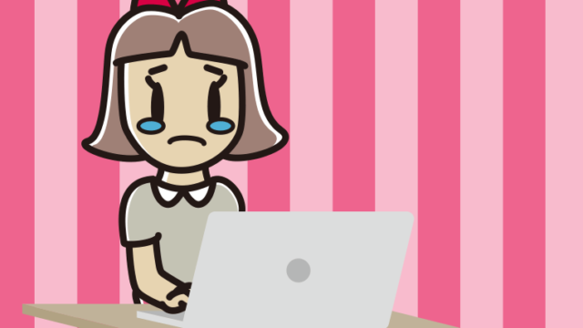 パソコン使用中に泣く小学生女子のイラスト【色、背景あり】PNG