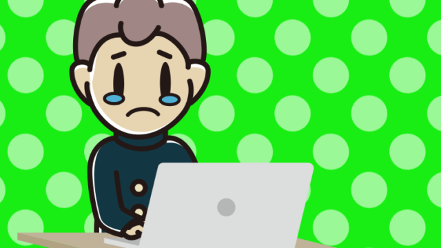 パソコン使用中に泣く男子中学生のイラスト【色、背景あり】PNG