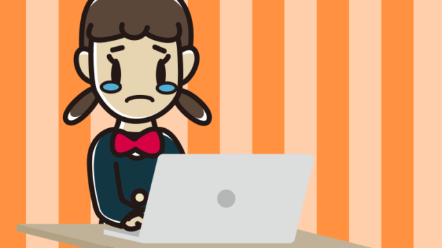パソコン使用中に泣く女子中学生のイラスト【色、背景あり】PNG