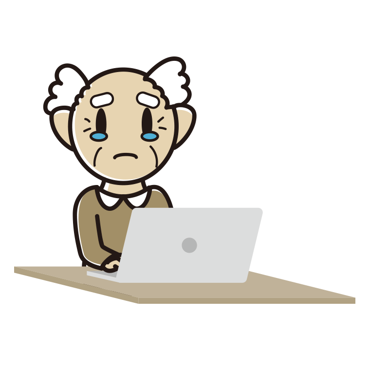 パソコン使用中に泣くおじいさんのイラスト【色あり、背景なし】透過PNG