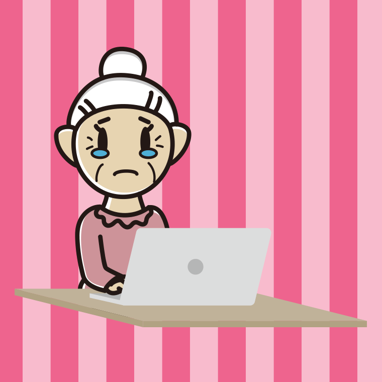 パソコン使用中に泣くおばあさんのイラスト【色、背景あり】PNG