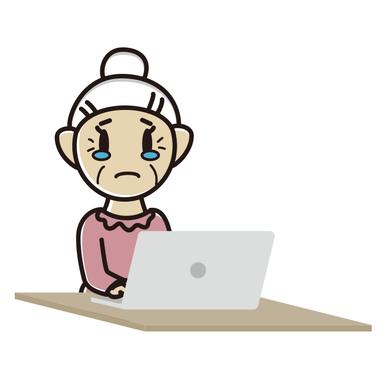 パソコン使用中に泣くおばあさんのイラスト【色あり、背景なし】透過PNG