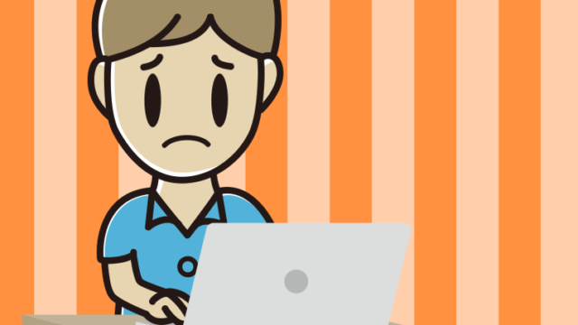 パソコン使用中に困る男性会社員（クールビズ）のイラスト【色、背景あり】PNG