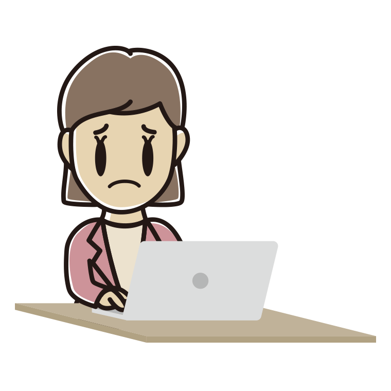 パソコン使用中に困る女性会社員（カジュアル）のイラスト【色あり、背景なし】透過PNG