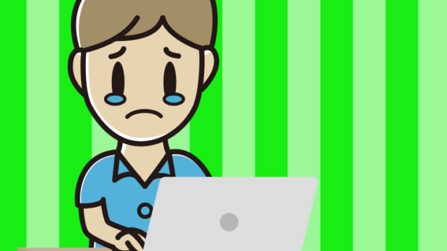 パソコン使用中に泣く男性会社員（クールビズ）のイラスト【色、背景あり】PNG