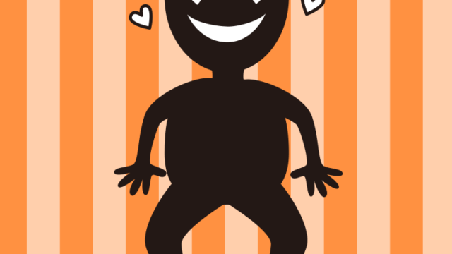 目がハートの悪い人（シルエット）のイラスト【色、背景あり】PNG