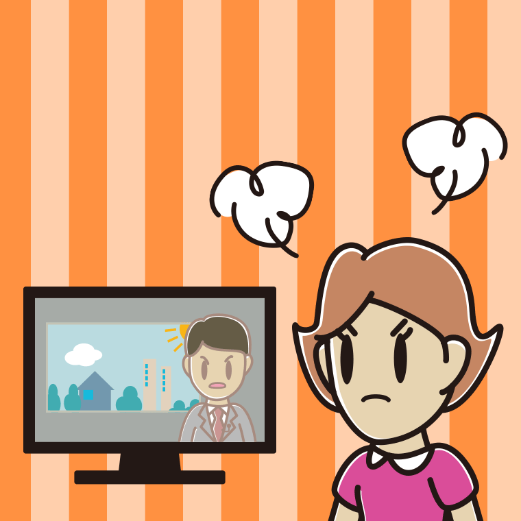 テレビを見て怒る女性のイラスト【色、背景あり】PNG