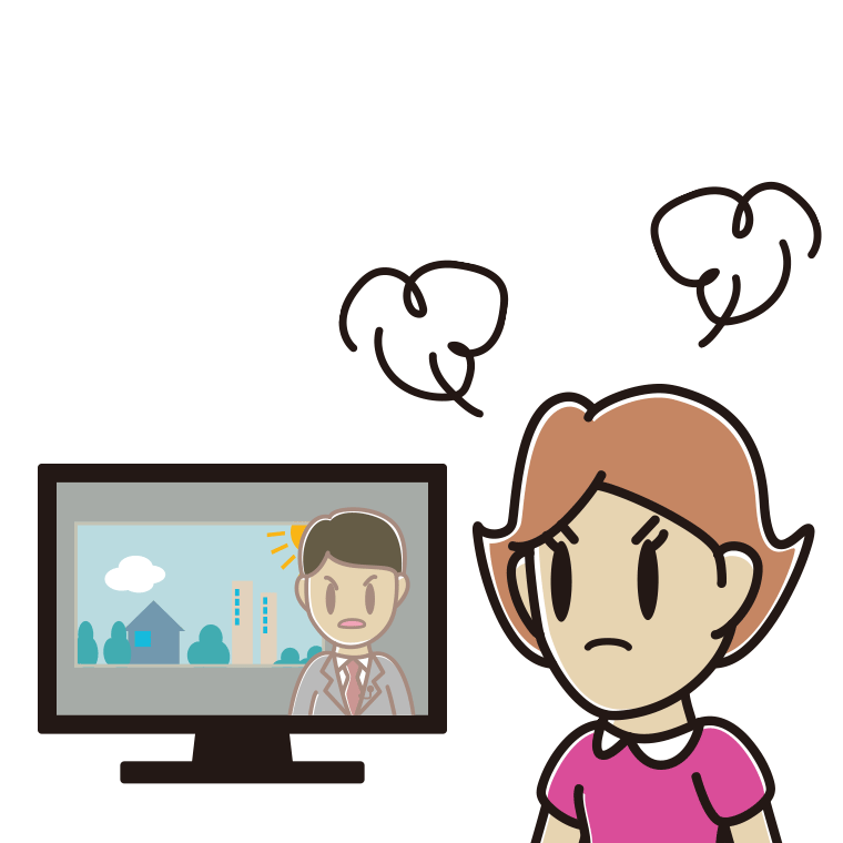テレビを見て怒る女性のイラスト【色あり、背景なし】透過PNG