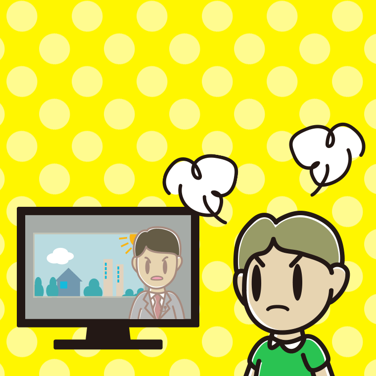 テレビを見て怒る小学生男子のイラスト【色、背景あり】PNG