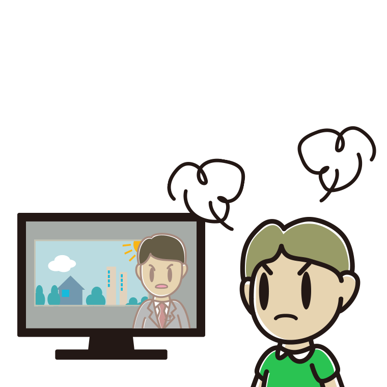 テレビを見て怒る小学生男子のイラスト【色あり、背景なし】透過PNG