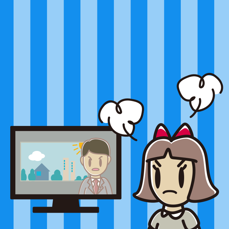 テレビを見て怒る小学生女子のイラスト【色、背景あり】PNG