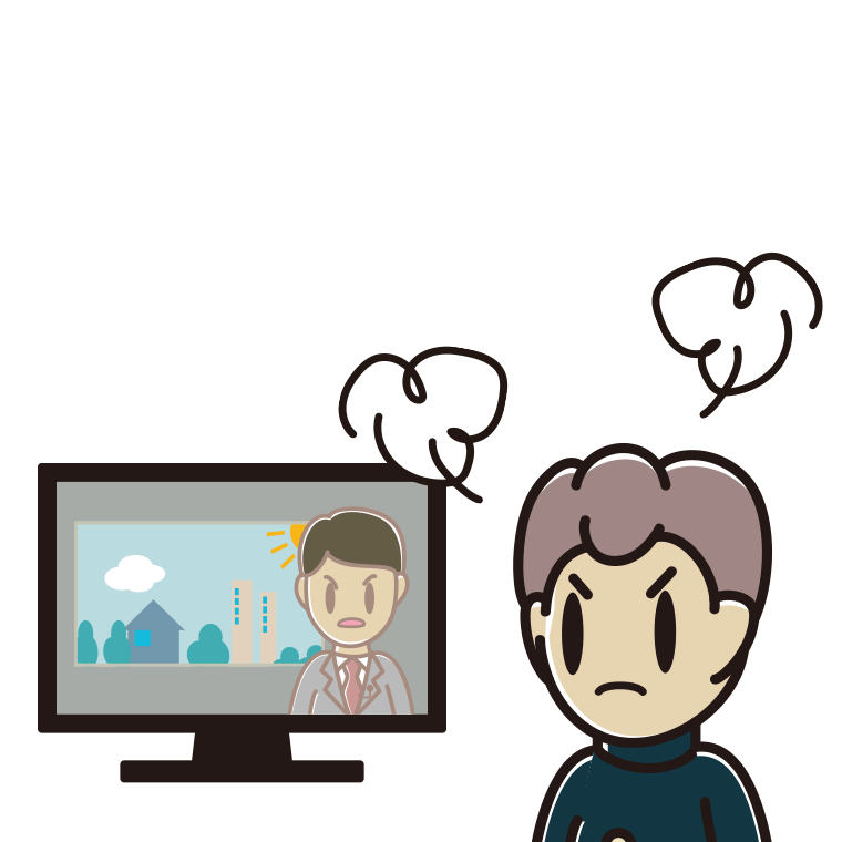 テレビを見て怒る男子中学生のイラスト【色あり、背景なし】透過PNG