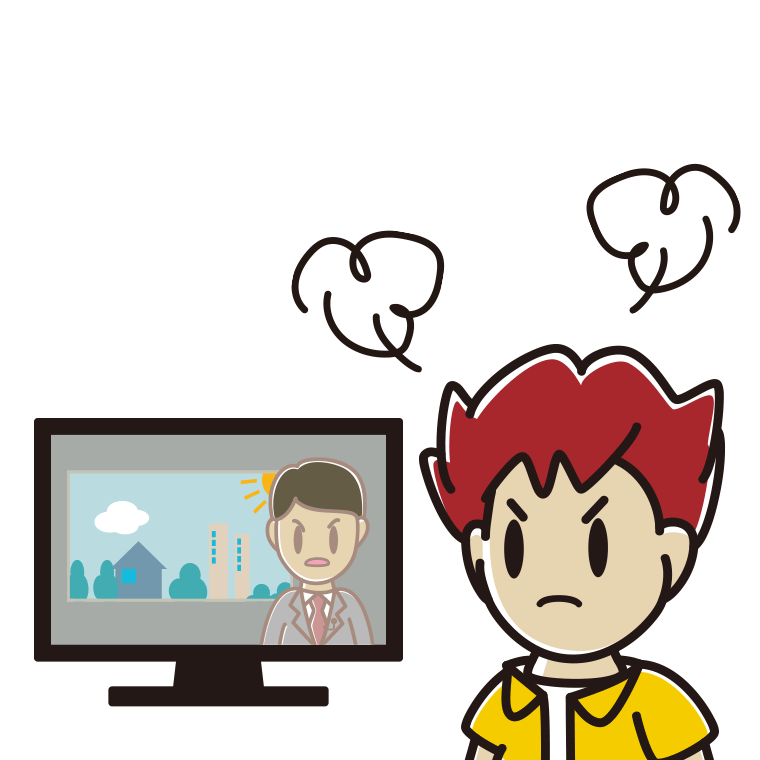 テレビを見て怒る男子大学生のイラスト【色あり、背景なし】透過PNG