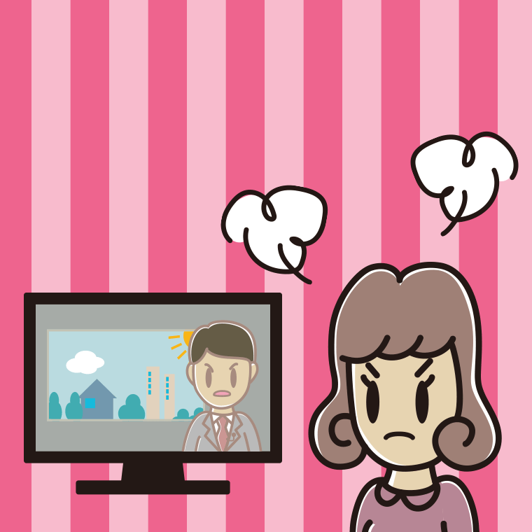 テレビを見て怒る女子大学生のイラスト【色、背景あり】PNG