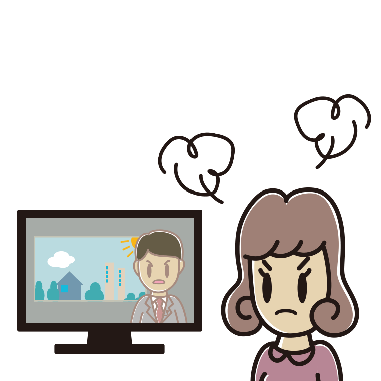 テレビを見て怒る女子大学生のイラスト【色あり、背景なし】透過PNG