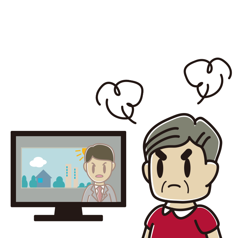 テレビを見て怒るおじさんのイラスト【色あり、背景なし】透過PNG