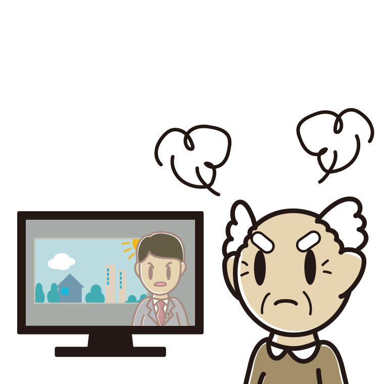 テレビを見て怒るおじいさんのイラスト【色あり、背景なし】透過PNG