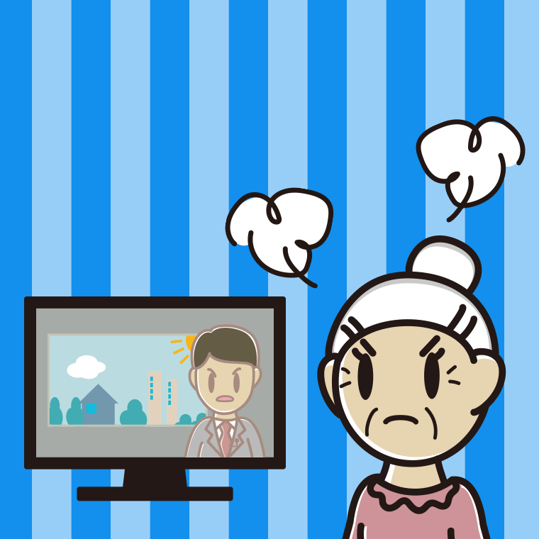 テレビを見て怒るおばあさんのイラスト【色、背景あり】PNG