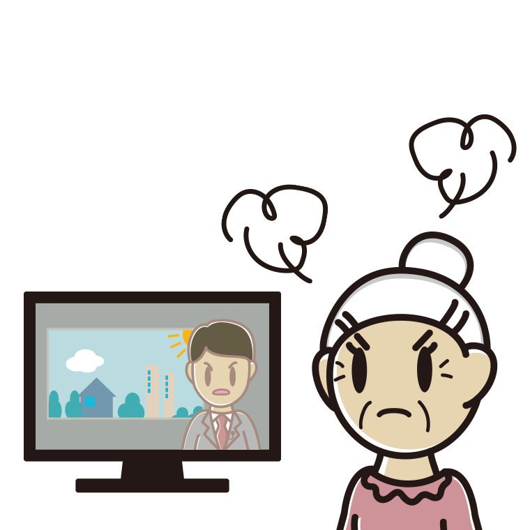 テレビを見て怒るおばあさんのイラスト【色あり、背景なし】透過PNG