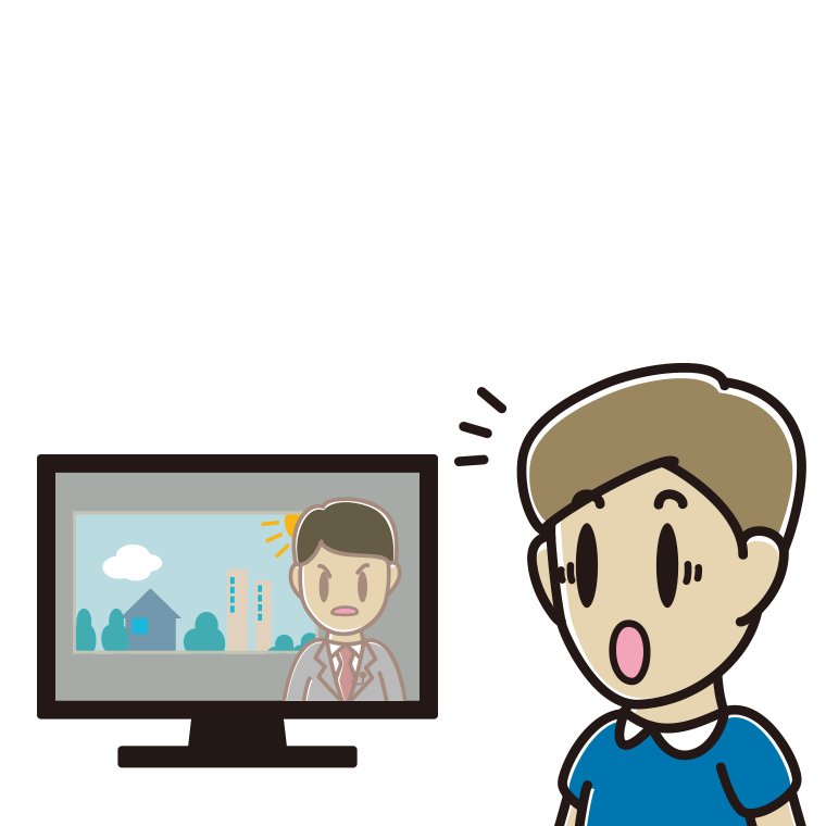 テレビを見て驚く男性のイラスト【色あり、背景なし】透過PNG