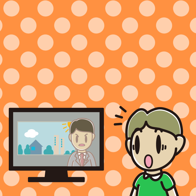テレビを見て驚く小学生男子のイラスト【色、背景あり】PNG