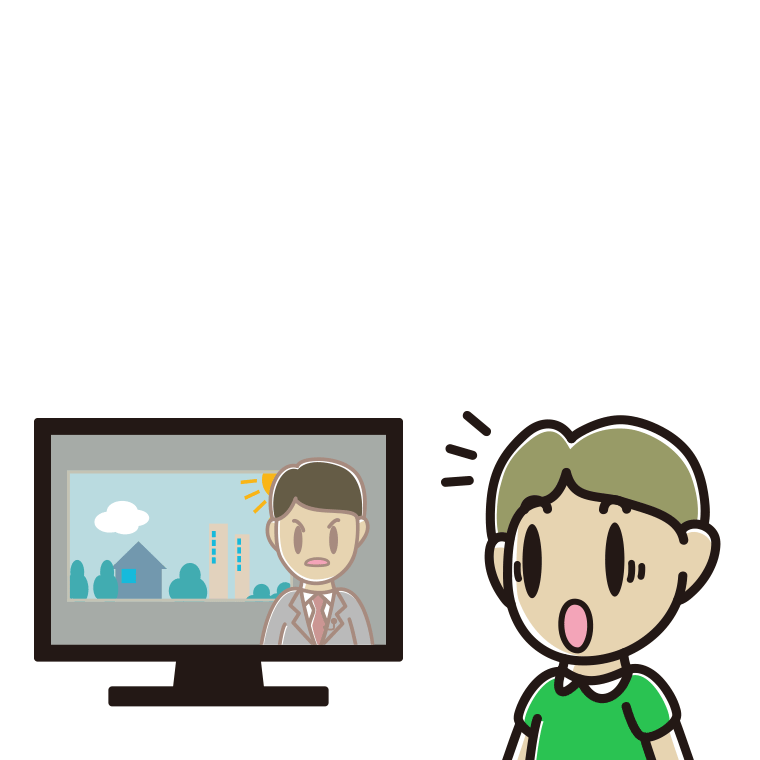 テレビを見て驚く小学生男子のイラスト【色あり、背景なし】透過PNG