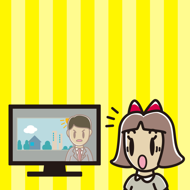 テレビを見て驚く小学生女子のイラスト【色、背景あり】PNG