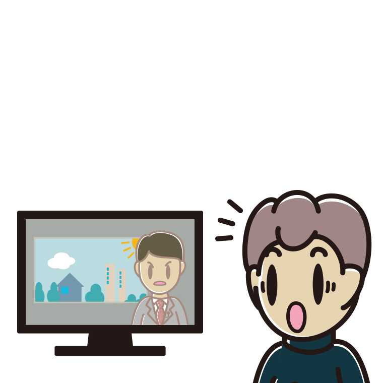 テレビを見て驚く男子中学生のイラスト【色あり、背景なし】透過PNG
