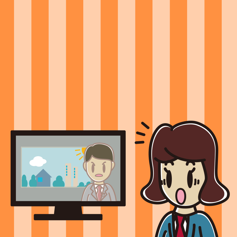 テレビを見て驚く女子高校生のイラスト【色、背景あり】PNG