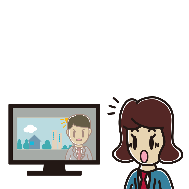 テレビを見て驚く女子高校生のイラスト【色あり、背景なし】透過PNG