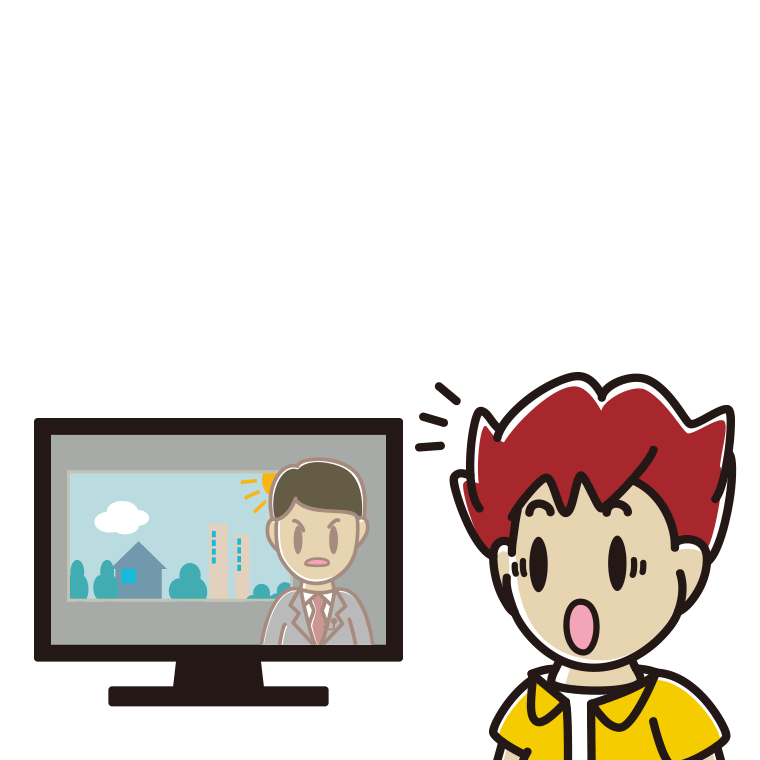 テレビを見て驚く男子大学生のイラスト【色あり、背景なし】透過PNG