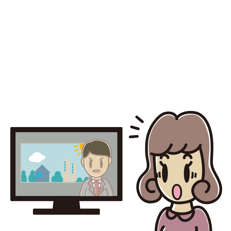 テレビを見て驚く女子大学生のイラスト【色あり、背景なし】透過PNG