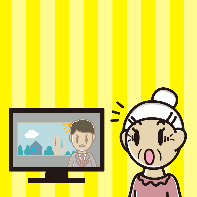 テレビを見て驚くおばあさんのイラスト【色、背景あり】PNG