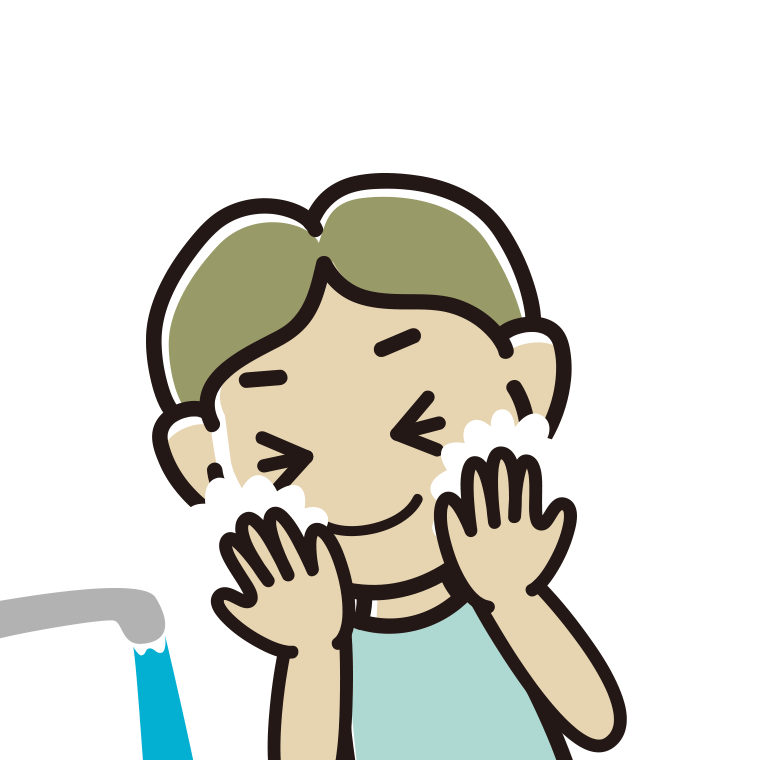 洗顔フォームで顔を洗う小学生男子のイラスト【色あり、背景なし】透過PNG