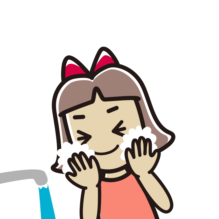 洗顔フォームで顔を洗う小学生女子のイラスト【色あり、背景なし】透過PNG