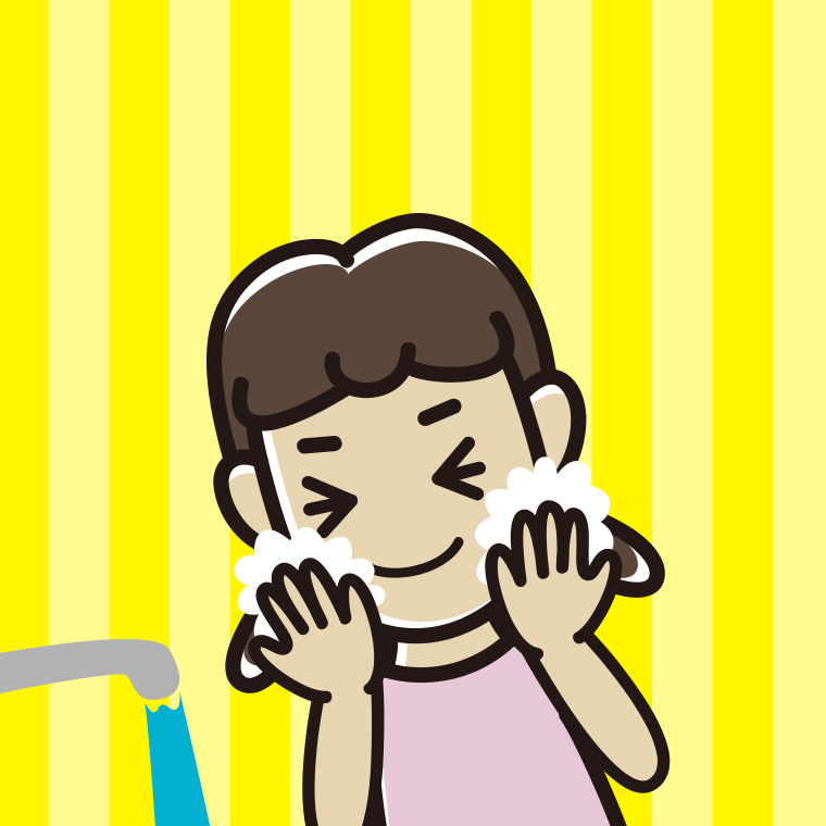 洗顔フォームで顔を洗う女子中学生のイラスト【色、背景あり】PNG
