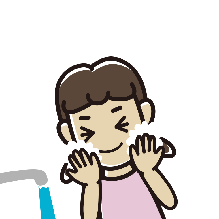 洗顔フォームで顔を洗う女子中学生のイラスト【色あり、背景なし】透過PNG