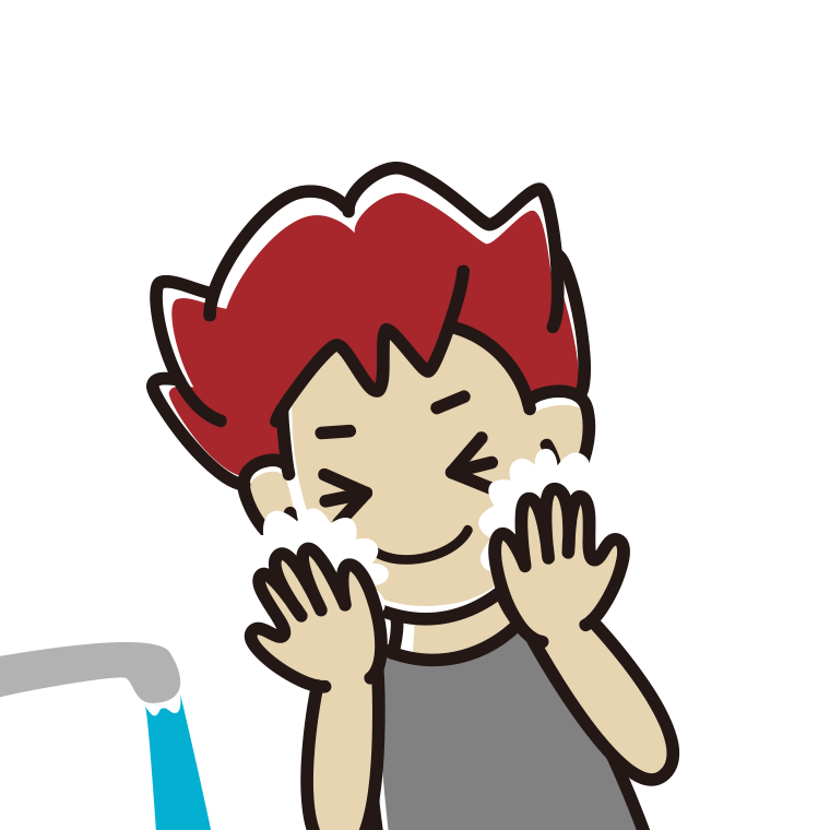 洗顔フォームで顔を洗う男子大学生のイラスト【色あり、背景なし】透過PNG